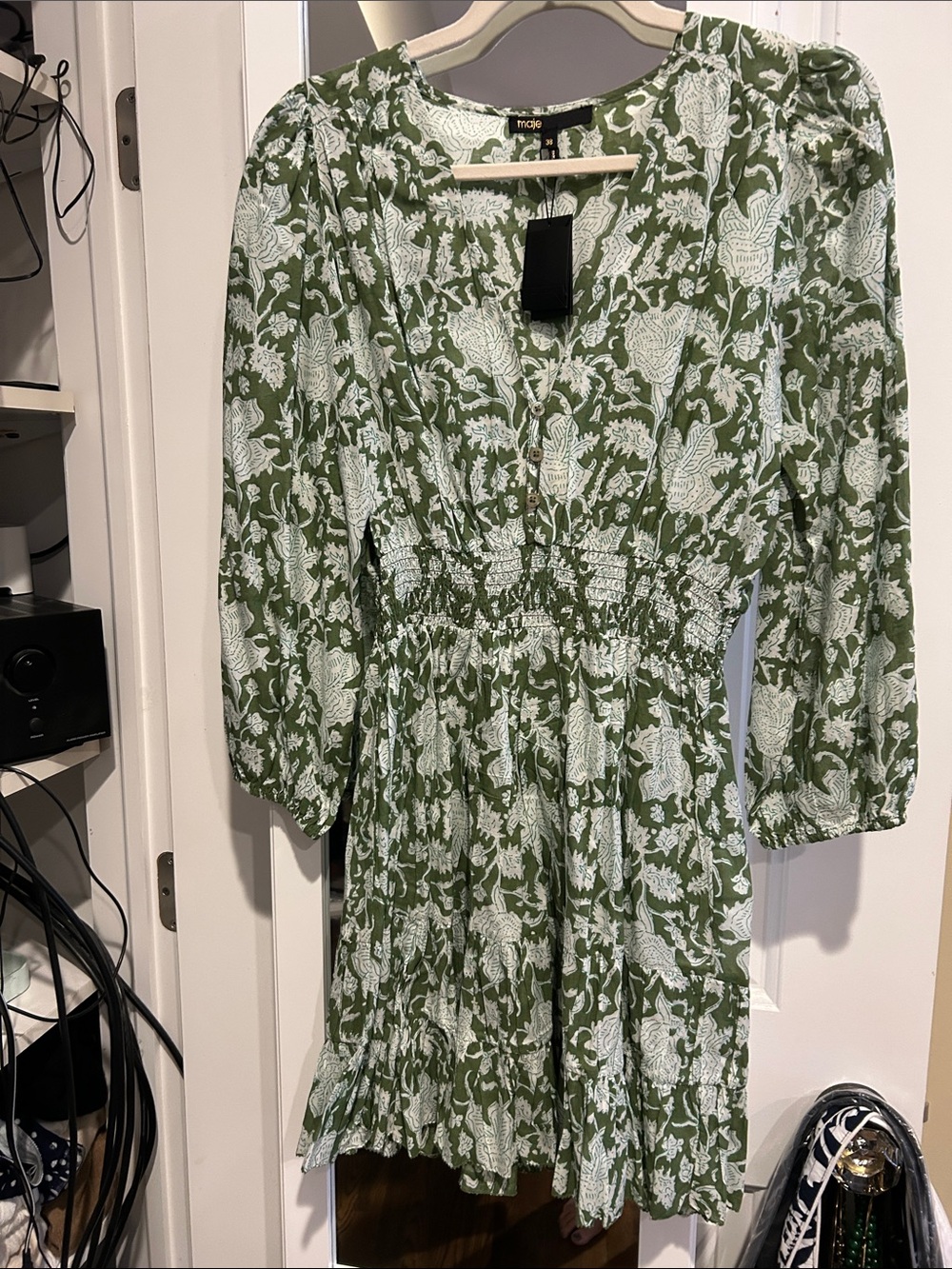 Maje Green and White Floral Smocked Mini Dress